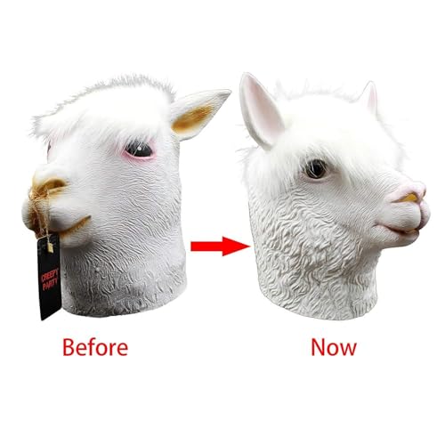 CreepyParty Animal Mask Costume Novelty Halloween Costume Party Latex Animal Head Mask Alpaca Mask White (llama)