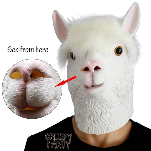 CreepyParty Animal Mask Costume Novelty Halloween Costume Party Latex Animal Head Mask Alpaca Mask White (llama)