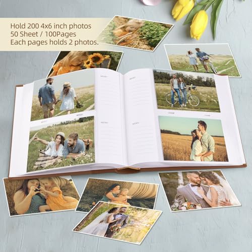 Golden State Art Photo Album holds 4x6 200 Horizontal Pictures with Memo Space, Leather Vintage Cover for Wedding Family Christmas(Brown)