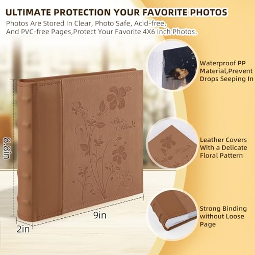 Golden State Art Photo Album holds 4x6 200 Horizontal Pictures with Memo Space, Leather Vintage Cover for Wedding Family Christmas(Brown)