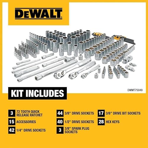 DEWALT Mechanics Tool Set, SAE and Metric, 1/2, 1/4, 3/8 Drive Sizes, 192-Piece (DWMT75049)