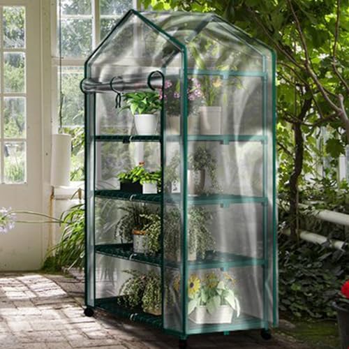 4 Tier Mini Greenhouse - Portable Greenhouse with Locking Wheels and PVC Cover for Indoor or Outdoor - 27 x 19 x 63-Inch Green House by Home-Complete