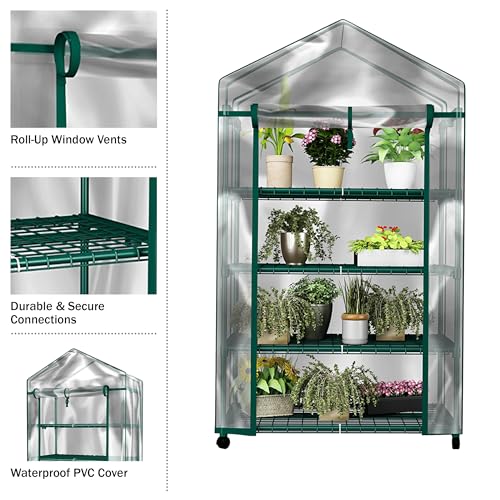 4 Tier Mini Greenhouse - Portable Greenhouse with Locking Wheels and PVC Cover for Indoor or Outdoor - 27 x 19 x 63-Inch Green House by Home-Complete