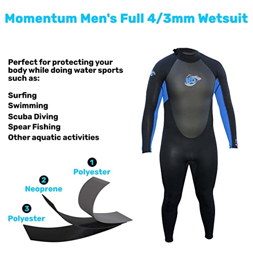 Momentum 4/3mm Wetsuit for Men - Mens Long Sleeve Swimsuit for Surf Board and Deep Sea Diving - 4 Way Stretch Material Mens Swimsuit