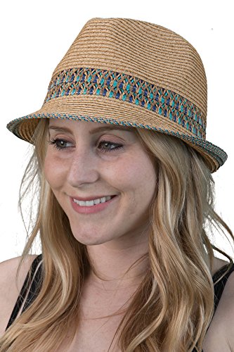 Funky Junque UPF50+ Womens Adjustable Multicolor Woven Pattern Short Brim Fedora Hat