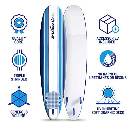 Wavestorm 8ft Classic Surfboard // Foam Wax Free Soft Top Longboard for Adults and Kids of All Levels of Surfing