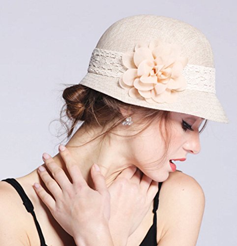 Women's Gatsby Linen Cloche Hat with Lace Band and Flower