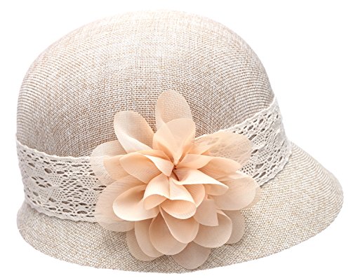 Women's Gatsby Linen Cloche Hat with Lace Band and Flower