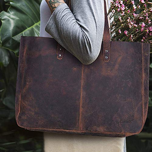 KomalC Leather Tote Bag for Women Purse Satchel Travel Bag shopping Carry Messenger Multipurpose Handbag (15 INCH, Buffalo Distressed Tan)