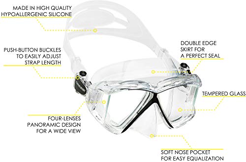 Cressi Panoramic Wide View Mask & Dry Snorkel Kit for Snorkeling, Scuba Diving - Pano 4 & Supernova Dry: Designed in Italy