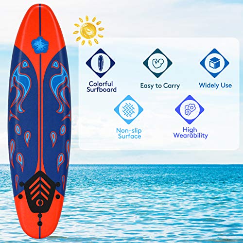 Giantex 6' Surfboard Surfing Surf Beach Ocean Body Foamier Board with Removable Fins, Great Beginner Board for Kids, Youth and Children