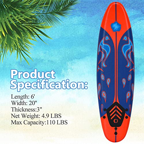 Giantex 6' Surfboard Surfing Surf Beach Ocean Body Foamier Board with Removable Fins, Great Beginner Board for Kids, Youth and Children