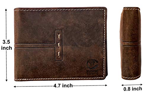 RUSTIC TOWN Full Grain Leather Wallet for Men | RFID Protecting | Handmade Vintage Bifold Travel Wallet | Slim Billfold with Credit Card Slots and Coin Pocket | Gift for Him