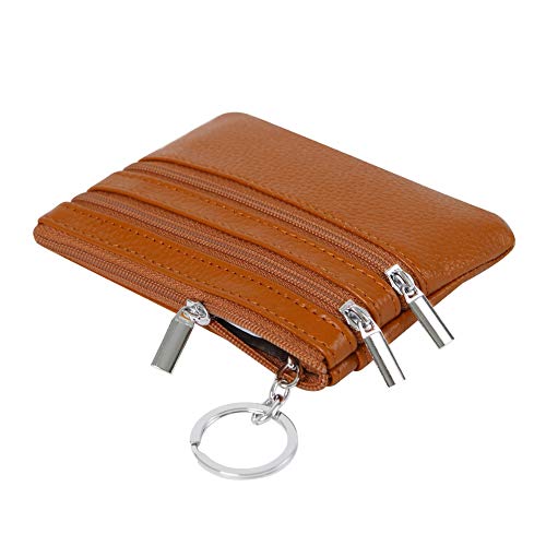 Women's Genuine Leather Coin Purse Mini Pouch Change Wallet with Keychain,brown