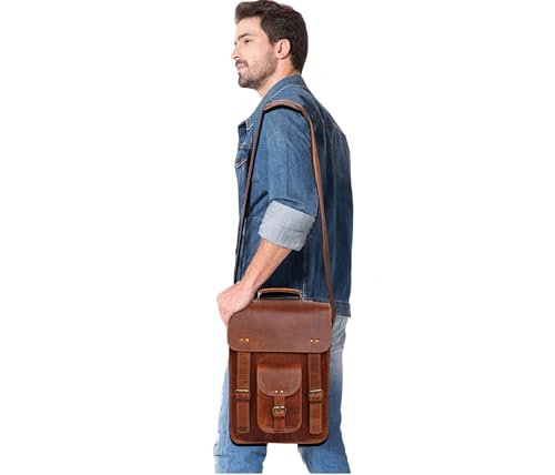 jaald Leather Messenger Bag — Vintage Laptop Case Crossbody Bag for Men & Women — Satchel Man Purse w/Adjustable Straps — Shoulder Computer Distressed for Business, College, Office & Work