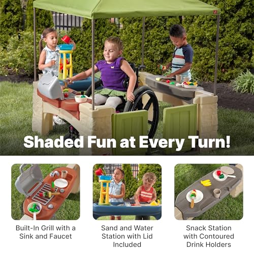 Step2 All Around Playtime Patio with Canopy, Kid Indoor and Outdoor Kitchen Playset, Sensory Playhouse, Kids Ages 2+ years old, Easy Assembly, Green