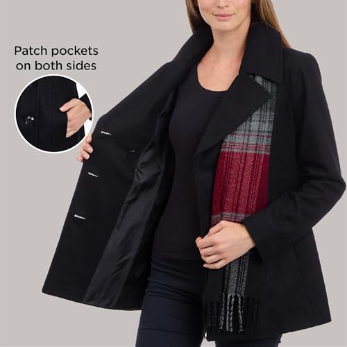 LONDON FOG womens Double Breasted Peacoat With Scarf Pea Coat, Black, Large US