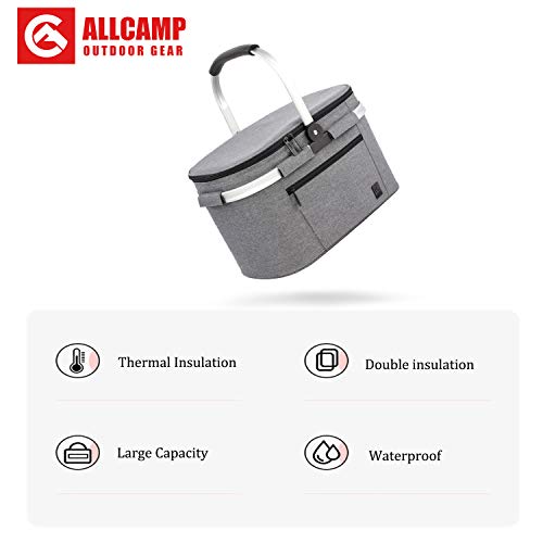 ALLCAMP Insulated Cooler Bag portable Collapsible Picnic Basket Cooler with Sewn in Frame (Medium Gray)