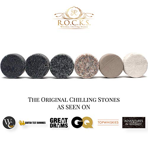 Whiskey Chilling Stones - Set of 6 Handcrafted Premium Granite Round Sipping Rocks - Hardwood Presentation & Storage Tray by R.O.C.K.S.