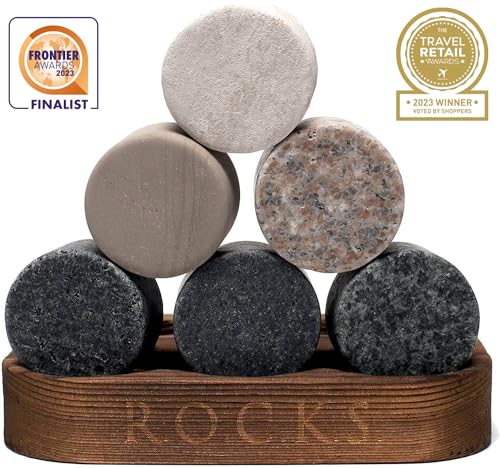 Whiskey Chilling Stones - Set of 6 Handcrafted Premium Granite Round Sipping Rocks - Hardwood Presentation & Storage Tray by R.O.C.K.S.