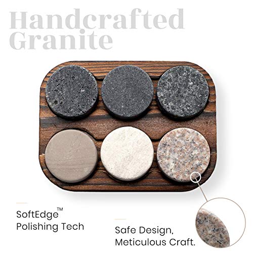 Whiskey Chilling Stones - Set of 6 Handcrafted Premium Granite Round Sipping Rocks - Hardwood Presentation & Storage Tray by R.O.C.K.S.