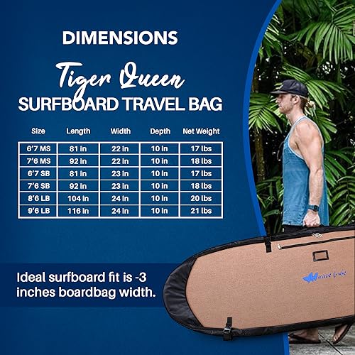 Wave Tribe Tiger Queen Surfboard Travel Bag with Wheels - Hemp Surfboard Bag, Perfect for Surfers, Fits 3-4 Boards, YKK Zipper, 10mm Padding, Extra Protection, Pro Quiver Style (6'7, 7'6, 8'6, 9'6)