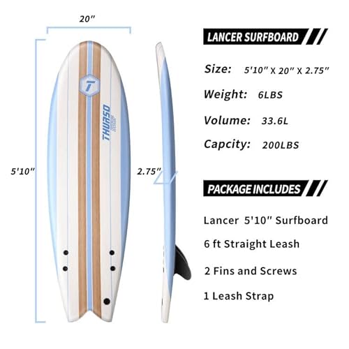 THURSO SURF Lancer 5'10'' Soft Top Foam Surfboard Fish Surf board for Kids & Adults Includes Twin Fins Double Swivel Leash EPS Core IXPE Deck HDPE Slick Bottom Non-Slip Deck Grip - Perfect for Surfing