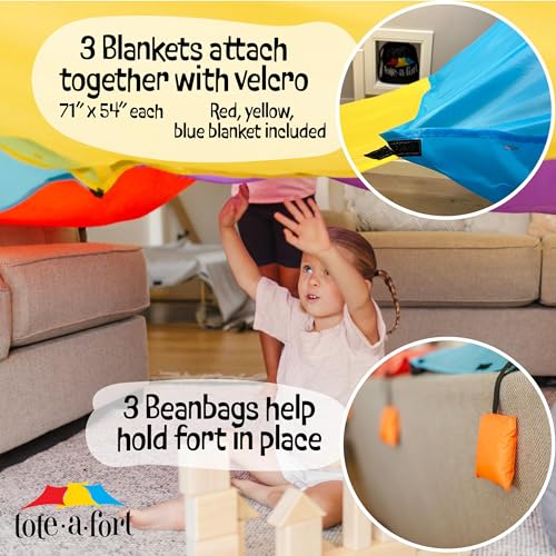 TOTEAFORT Original Blanket Fort Building Kit for Kids - Ages 2 4 6 8 10 12+ - Portable Playhouse Play Tent Fort - Boy and Girl Indoor Outdoor 3 Blanket Tote a Fort Toy Set - STEM Fort Toy