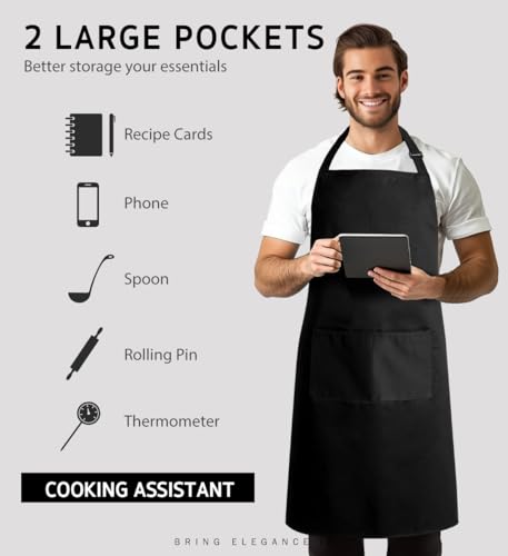 Syntus 2 Pack Adjustable Bib Apron Waterdrop Resistant with 2 Pockets Cooking Kitchen Aprons for Women Men Chef, Black