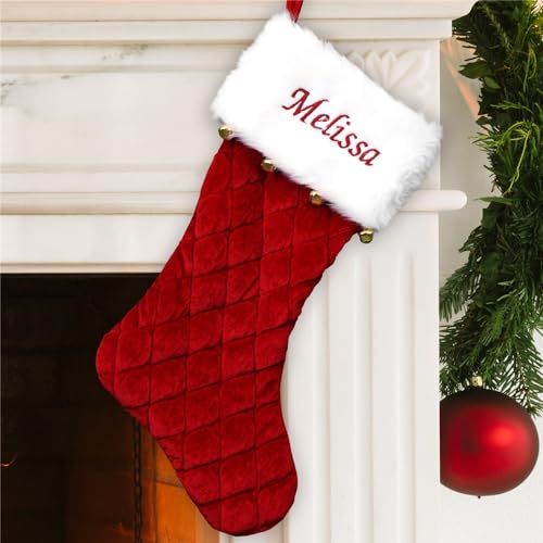 GiftsForYouNow Red Velvet Quilted Personalized Christmas Stocking with Bells, 21", Embroidered Stocking with Name, Custom Christmas Stocking, Red Stocking