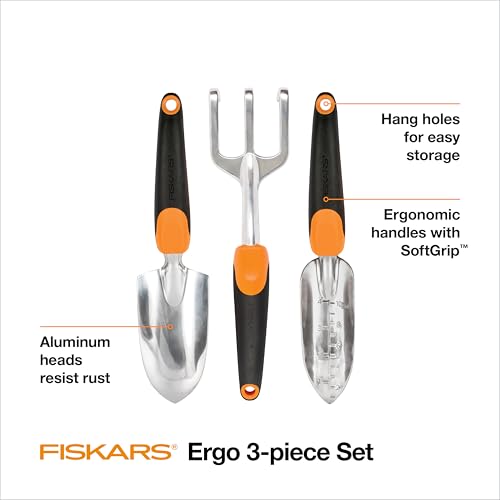 Fiskars 3-in-1 Garden Tool Set, Includes Trowel, Transplanter, and Cultivator for Outdoor Gardening, Ergonomic Yard Tool Kit