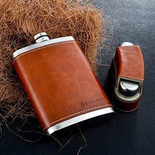 GENNISSY 304 18/8 Stainless Steel 8oz Flask - Brown Leather with 3 Cups and Funnel 100% Leak Proof