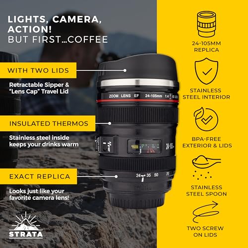 STRATA CUPS Camera Lens Coffee Mug -13.5oz | (2 LIDS + SPOON + BAG) Gifts for Him, Dad Gifts, Photography, Camera accessories, Novelty Gifts, Gifts for Him