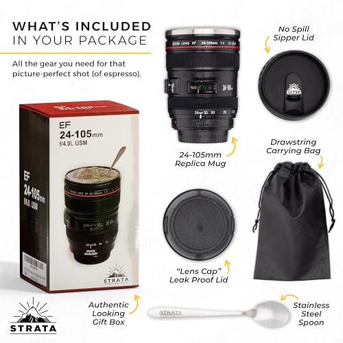 STRATA CUPS Camera Lens Coffee Mug -13.5oz | (2 LIDS + SPOON + BAG) Gifts for Him, Dad Gifts, Photography, Camera accessories, Novelty Gifts, Gifts for Him