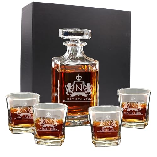 The Wedding Party Store, Custom Engraved Groomsmen - Whiskey Decanter Set and 4 Glasses Set - Personalized and Monogrammed with WPS Styles