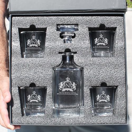 The Wedding Party Store, Custom Engraved Groomsmen - Whiskey Decanter Set and 4 Glasses Set - Personalized and Monogrammed with WPS Styles