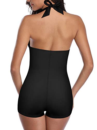 Women's Retro Halter Bathing Suits Vintage One Piece Swimsuit for Women Tummy Control Plus Boy-Leg Ruched Push up Swimsuit