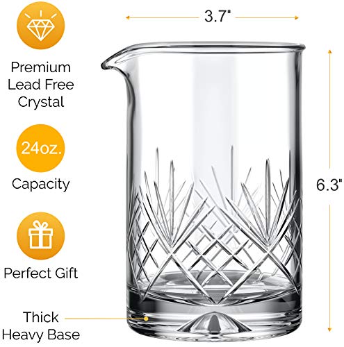 Crystal Cocktail Mixing Glass - Premium 24oz 710ml - Solid, Stable, Sturdy Hand Blown Crystal - Professional Quality Barware - Gift for Wedding, Anniversary, Birthday, Father's Day