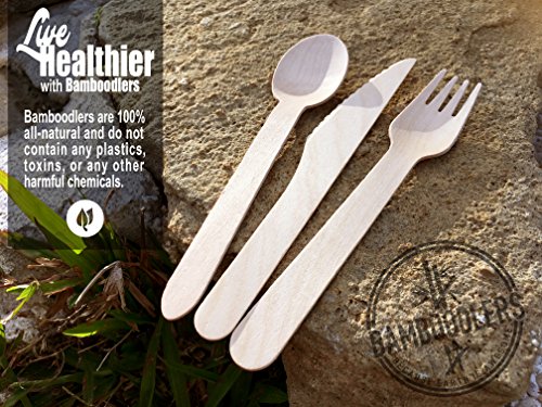 BAMBOODLERS Disposable Wooden Cutlery Set | 100% All-Natural, Eco-Friendly, Biodegradable, and Compostable - Because Earth is Awesome! Pack of 200-6.5” utensils (100 forks, 50 spoons, 50 knives)