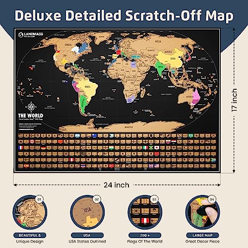 Landmass Deluxe 17x24 Scratch Off World Map Poster - Vibrant Gold Foil Travel Tracker with Flags, Detailed Cartography, US State Outlines, Colorful Wall Art - Ideal Gift for Travelers & Geography Enthusiasts - Scratch Off Map Of The World