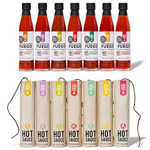 The Good Hurt Fuego: A Hot Sauce Gift Set for Hot Sauce Lover’s, Sampler Pack of 7 Different Hot Sauces Inspired by Exotic Flavors and Peppers from Around the World