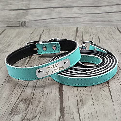 Didog Soft Leather Padded Custom Dog Collar and Leash Set with Personalized Engraved Nameplate,Fit Small Medium Dogs,Blue,XS Size