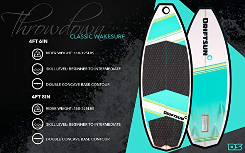 Driftsun Throwdown Wakesurf Board. Custom Surf Style Wake Surfboards for Adults. Adjustable Quad Fin Set Included with Wake Surf Board (4'8" and 4'6")