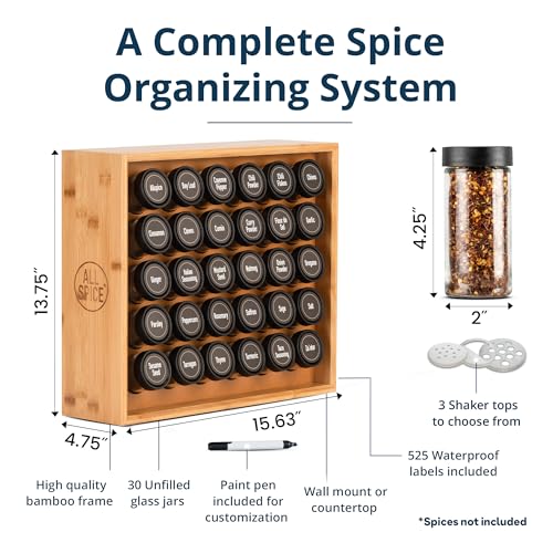 AllSpice Wood Spice Rack, Countertop or Wall Mount, Includes 30 4oz Jars- Bamboo