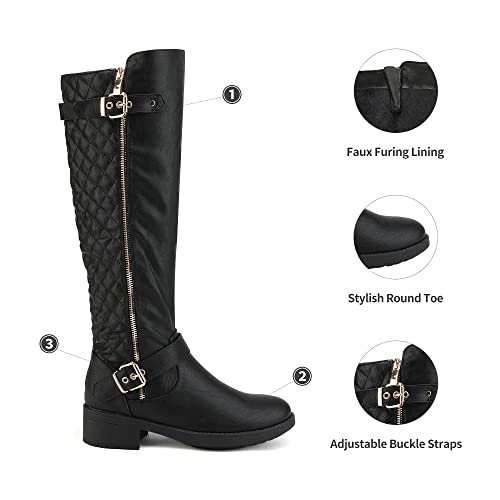 DREAM PAIRS Women's Knee-High Boots Comfortable Chunky Block Heel Round Toe Side Zipper Riding Fashion Buckles Biker Motorcycle Boots,Size 8,Black,Utah