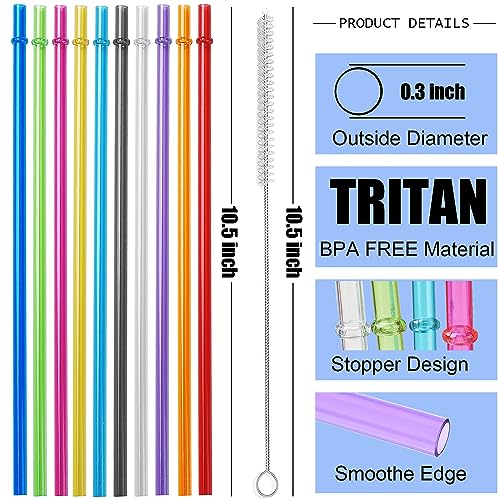 ALINK 10.5 in Long Rainbow Colored Reusable Tritan Plastic Replacement Straws for 16 OZ 20 OZ 30 OZ Stanley, YETI, Starbucks Tumblers, Set of 10 with Cleaning Brush