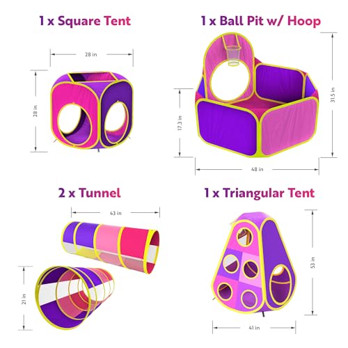 Playz 5pc Kids Princess Play Tent, Ball Pit with Basketball Hoop & Kids Play Tunnel for Toddlers, Babies, Kids, Girls & Boys Indoor & Outdoor Pop Up Playhouse Bundle with Bag, Yellow, Pink & Purple