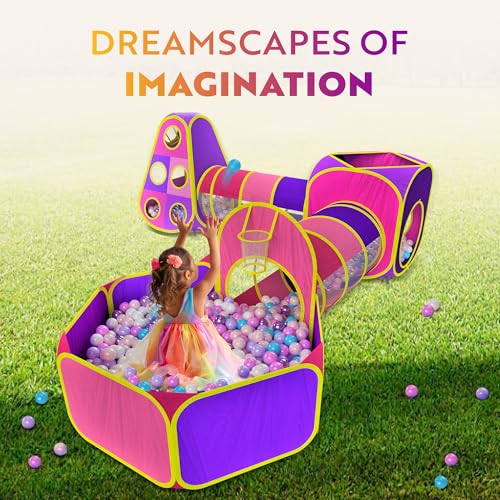 Playz 5pc Kids Princess Play Tent, Ball Pit with Basketball Hoop & Kids Play Tunnel for Toddlers, Babies, Kids, Girls & Boys Indoor & Outdoor Pop Up Playhouse Bundle with Bag, Yellow, Pink & Purple