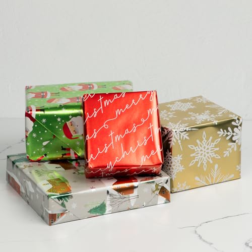 JAMPaper Assorted Gift Wrap - Christmas Foil Wrapping Paper - 100 Sq Ft Total - Elegant Merry Christmas Reindeer Set - 4 Rolls/Pack