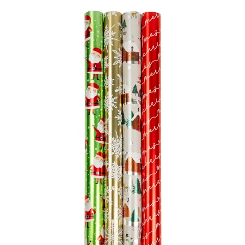 JAMPaper Assorted Gift Wrap - Christmas Foil Wrapping Paper - 100 Sq Ft Total - Elegant Merry Christmas Reindeer Set - 4 Rolls/Pack